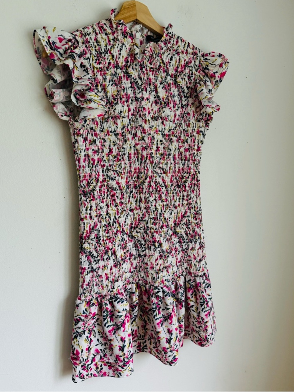 French Connection Elao Verona Printed Smocked Ruffle Dress in Pink - Picture 6 of 8
